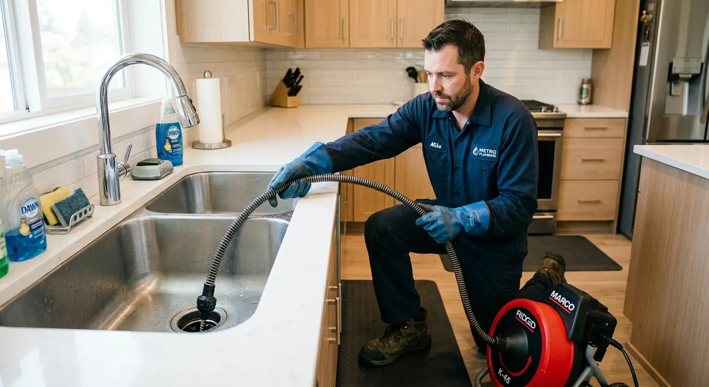 Drain cleaning technician using a motorized snake on a kitchen sink in Liberty