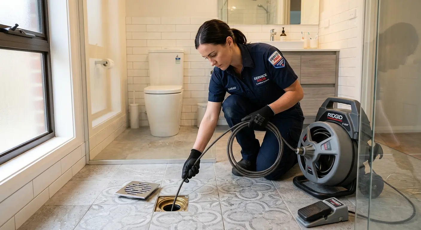Technician clearing a bathroom floor drain for Hydro Jetting in Liberty